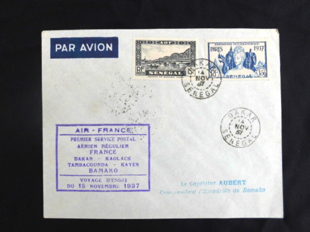 France - Senegal : 1e luchtpost / Voyage aero d'essai 1937, Ophalen of Verzenden