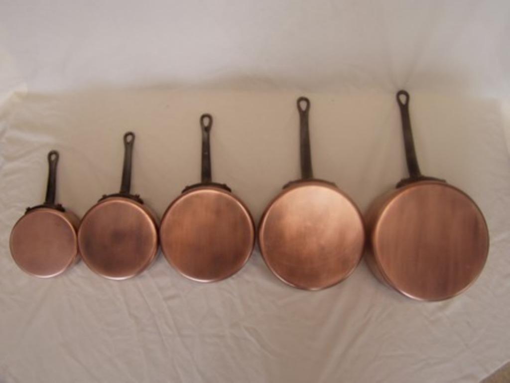 5 poelons en cuivre rouge, Antiquités & Art, Enlèvement