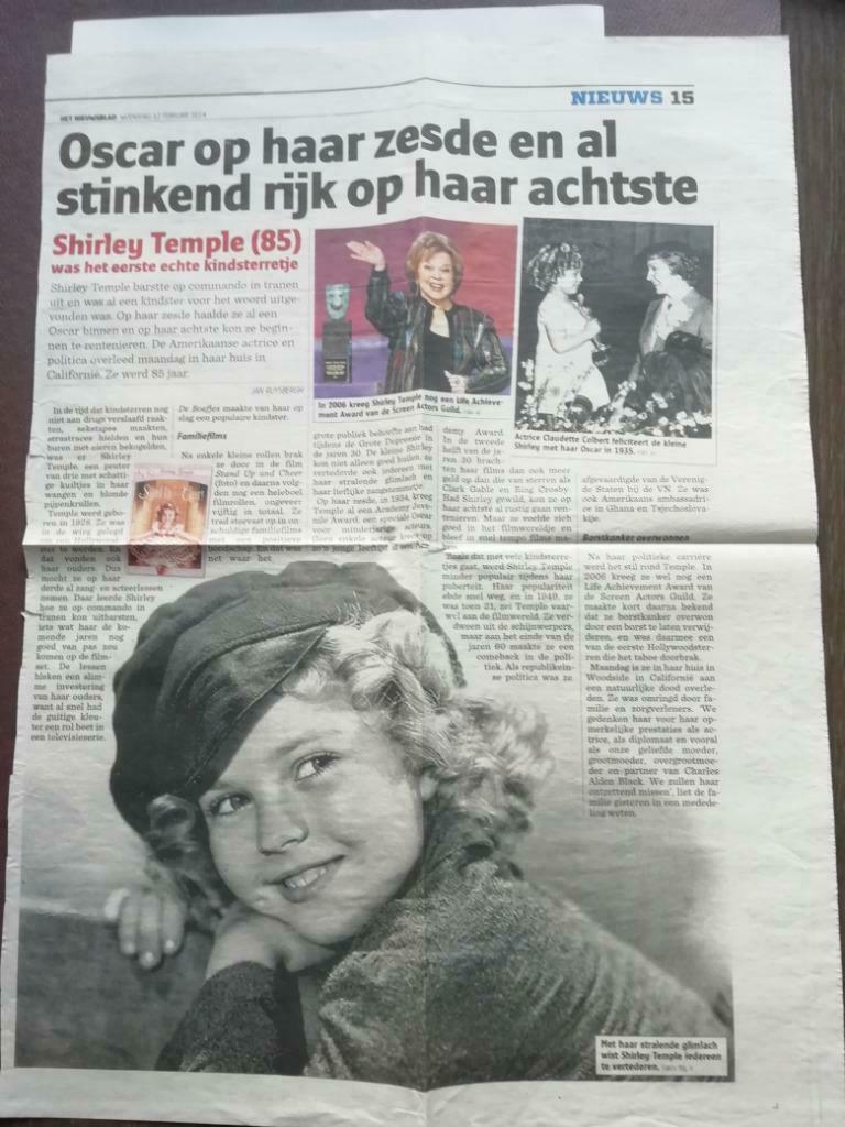 Krantenartikel Overlijden Shirley Temple   10/02/2014, Verzamelen, Ophalen of Verzenden, Gebruikt, Film, Overige typen