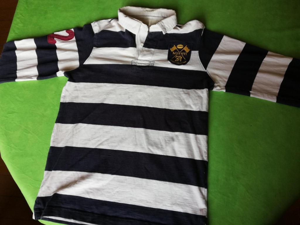 POLO DE RUGBY RAYÉ À MANCHES LONGUES AVEC INSIGNE Taille S 1, Enlèvement ou Envoi, Porté, Bleu, Taille 46 (S) ou plus petite