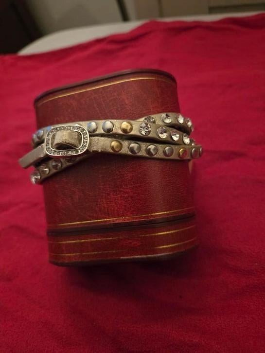 Vintage 70's lederen armband., Handtassen en Accessoires, Armbanden, Zo goed als nieuw, Met strass, Ophalen of Verzenden