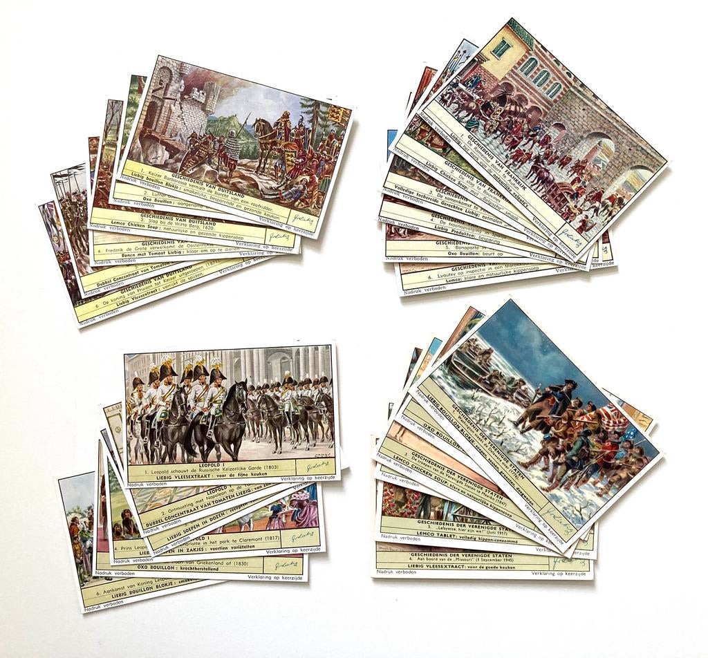 Liebig chromo’s : 4 setjes thema geschiedenis, Ophalen of Verzenden, Zo goed als nieuw