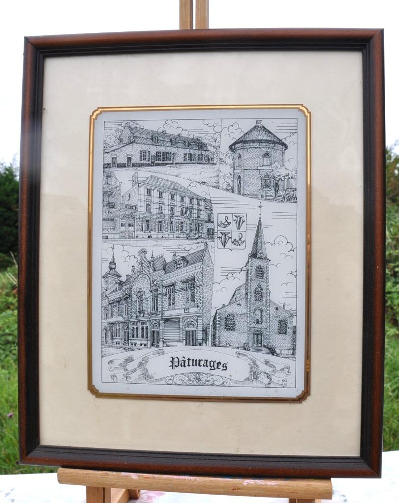 cadre gravure sur verre édifice de pâturages, Antiek en Kunst, Kunst | Etsen en Gravures, Ophalen of Verzenden