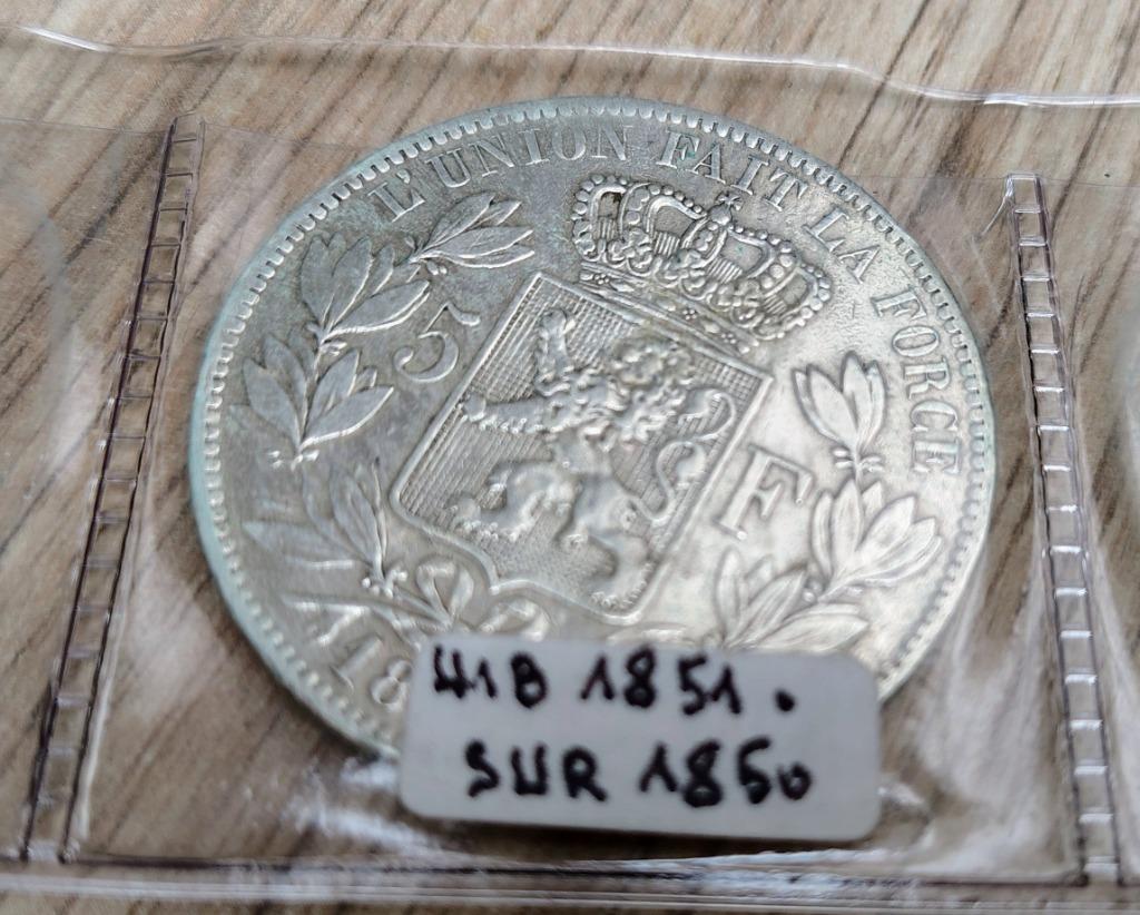 5 francs belge Léopold Ier tête nue  1851 surfrappe, Monnaie en vrac, Argent, Enlèvement, Argent