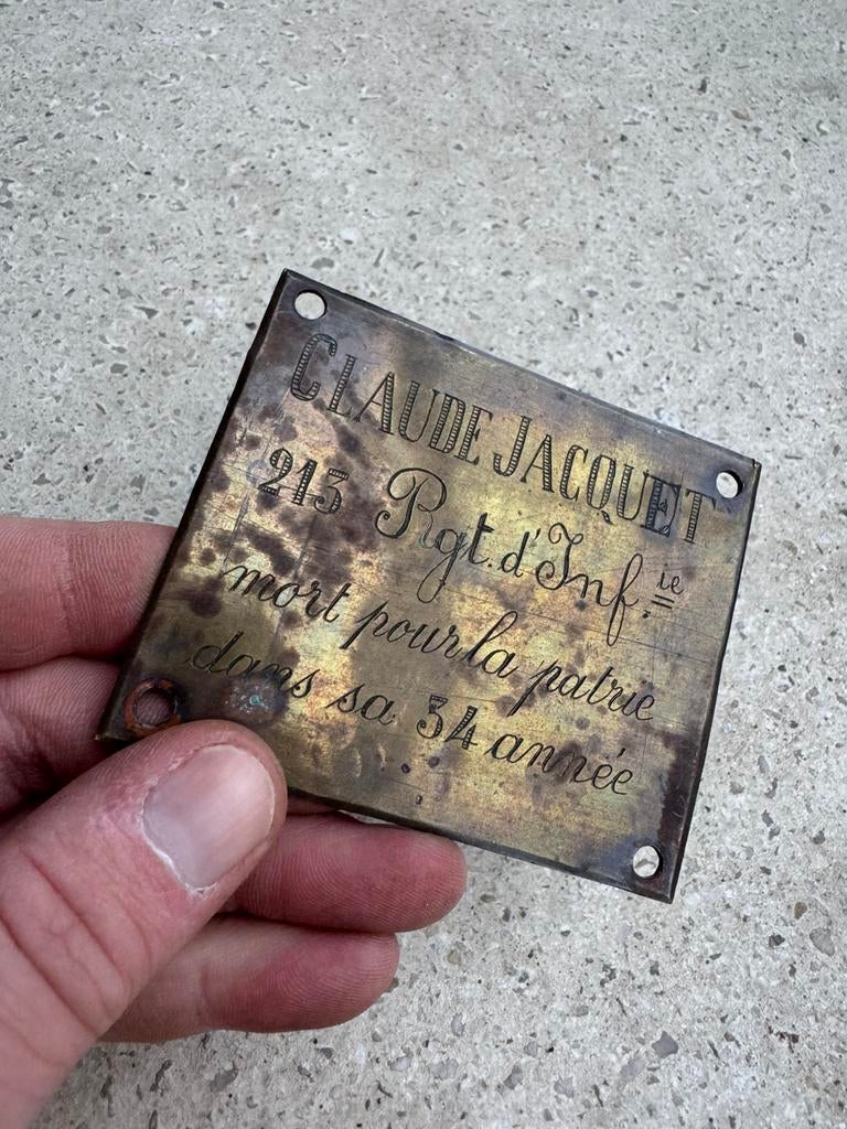 WW1 plaque Française  « Claude Jacquet, rég d'infanterie 213, Enlèvement ou Envoi