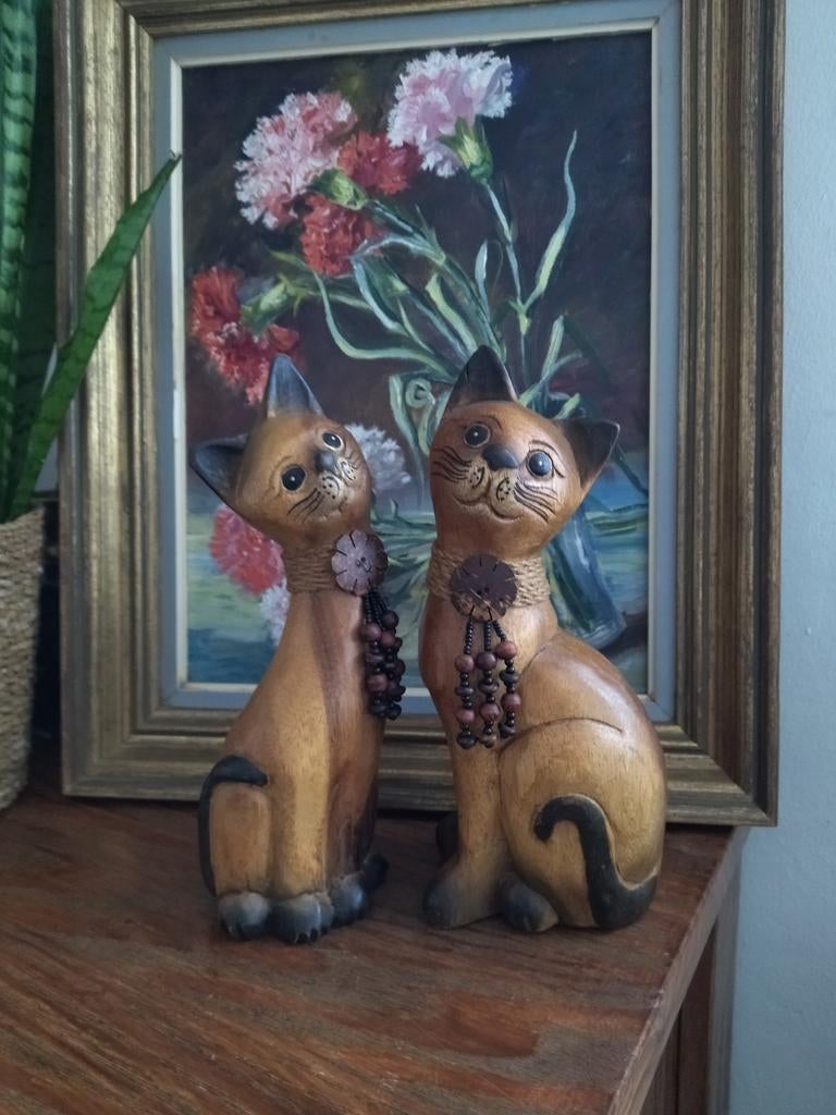 Couple de chats en bois, Enlèvement ou Envoi, Comme neuf, Chien ou Chat, Bois ou Tête