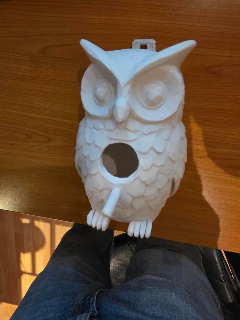 Uniek vogelhuis in de vorm van een uil, Enlèvement
