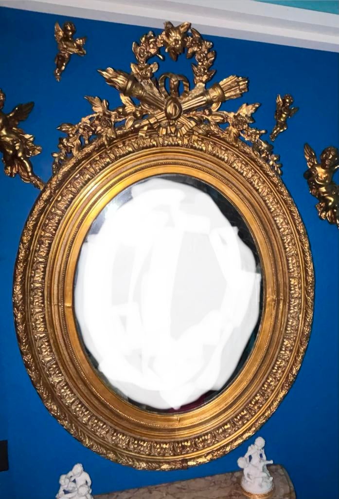 Grand miroir Napoléon III d’époque – Bois et stuc doré, Enlèvement, Ovale
