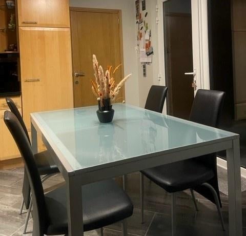 uittrekbare tafel gezandstraald glazen blad - metaal kader, Huis en Inrichting, Tafels | Eettafels, Ophalen, Gebruikt, 50 tot 100 cm