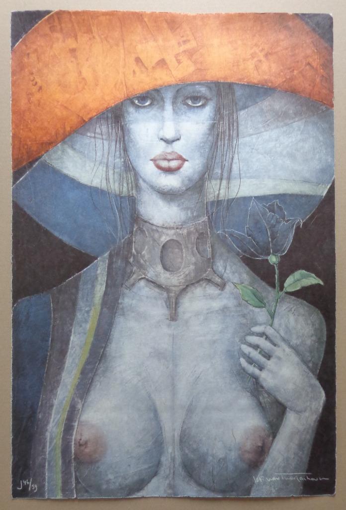JEF VAN TUERENHOUT / KONINGIN MET HOED / ZEEFDRUK / 76x50cm, Enlèvement ou Envoi