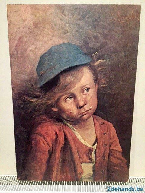 Prachtig vintage schilderij ‘crying boy’ op vezelplaat, Antiek en Kunst