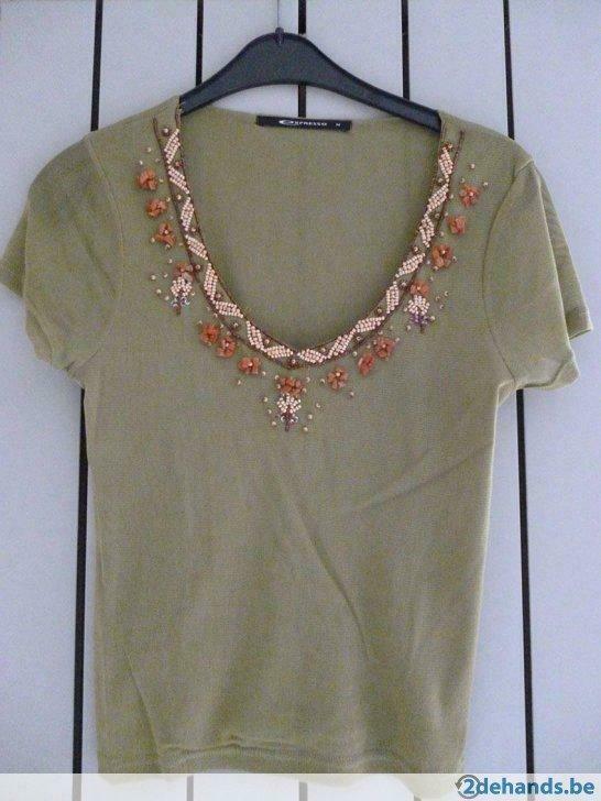 Groen bloesje M38/40 (als nieuw) met steentjes(Expresso), Kleding | Dames, Gedragen, Maat 38/40 (M)