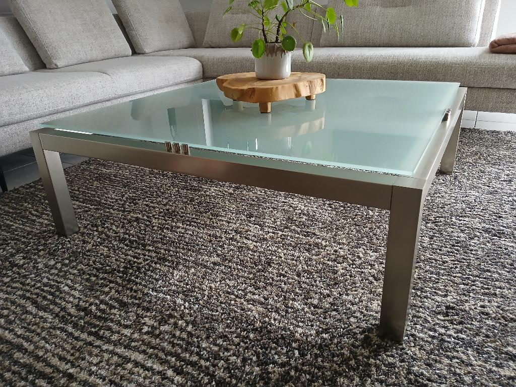 Toledo design salontafel gezand.glas geborst.RVS 110x110cm, Ophalen, Design contemporain / industriel chic, Gebruikt, Vierkant