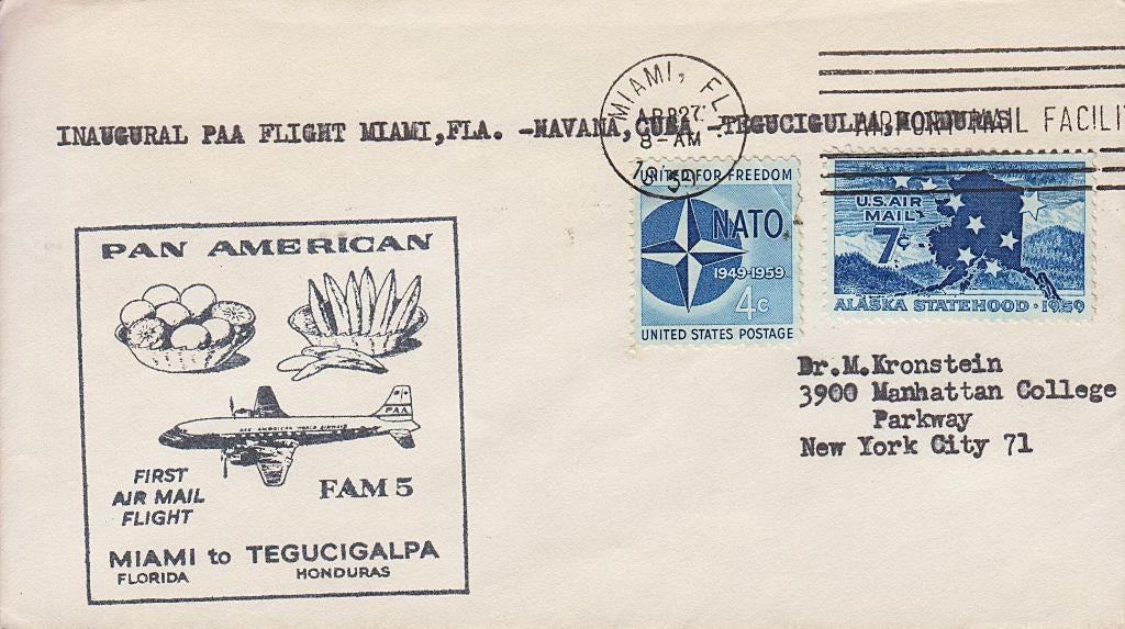 1959 États-Unis - 1er vol Miami - Tegucigalpa [Y&T 52+666], Envoi, Affranchi, Amérique du Nord
