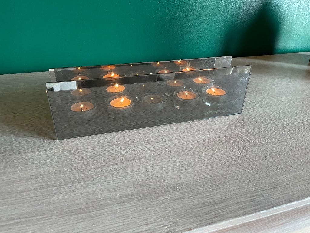 Bougeoirs 5 réchauds tendance avec effet flamme miroir, Moins de 100 cm, Comme neuf, Enlèvement, Rectangulaire