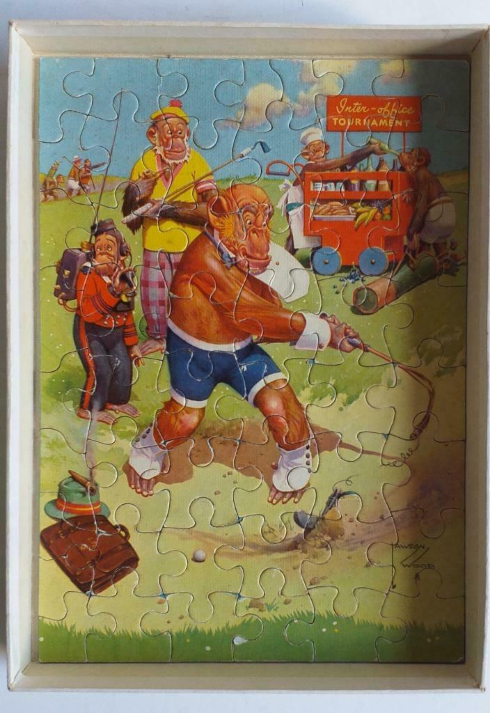 Vintage Jumbo puzzle - Golfspelende apen, Ophalen of Verzenden, Meer dan 50 stukjes, Gebruikt, 4 tot 6 jaar