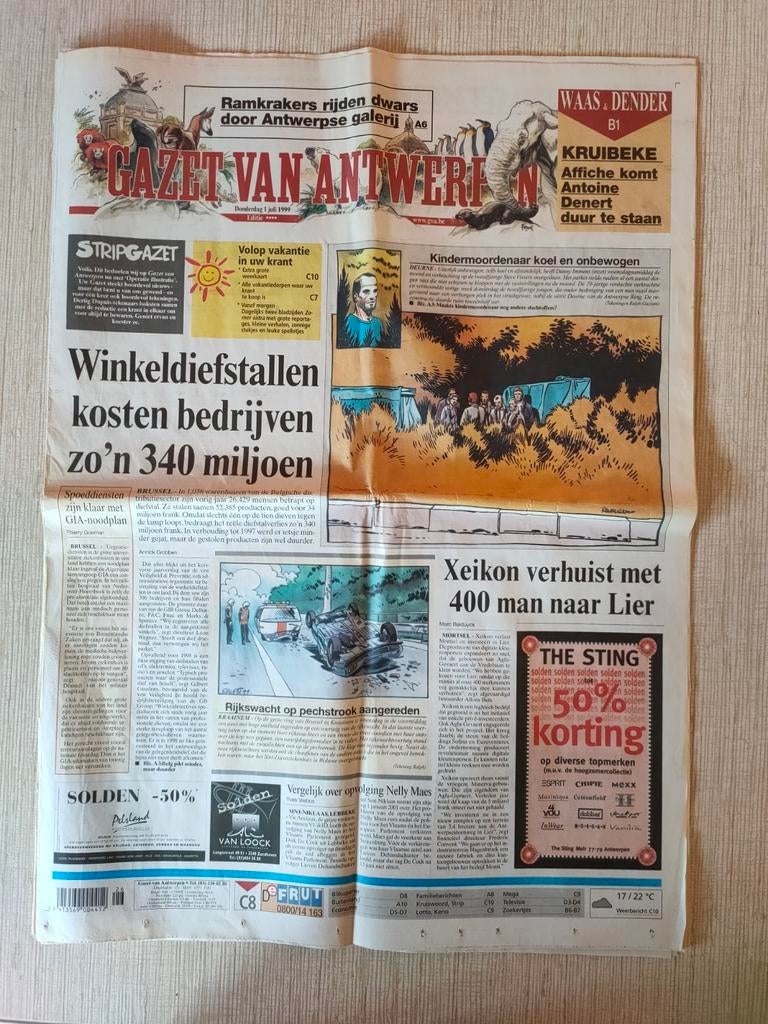 Dagblad gazet van Antwerpen 1 juli 1999 stripfiguren, Collections, Enlèvement ou Envoi, 1980 à nos jours, Journal