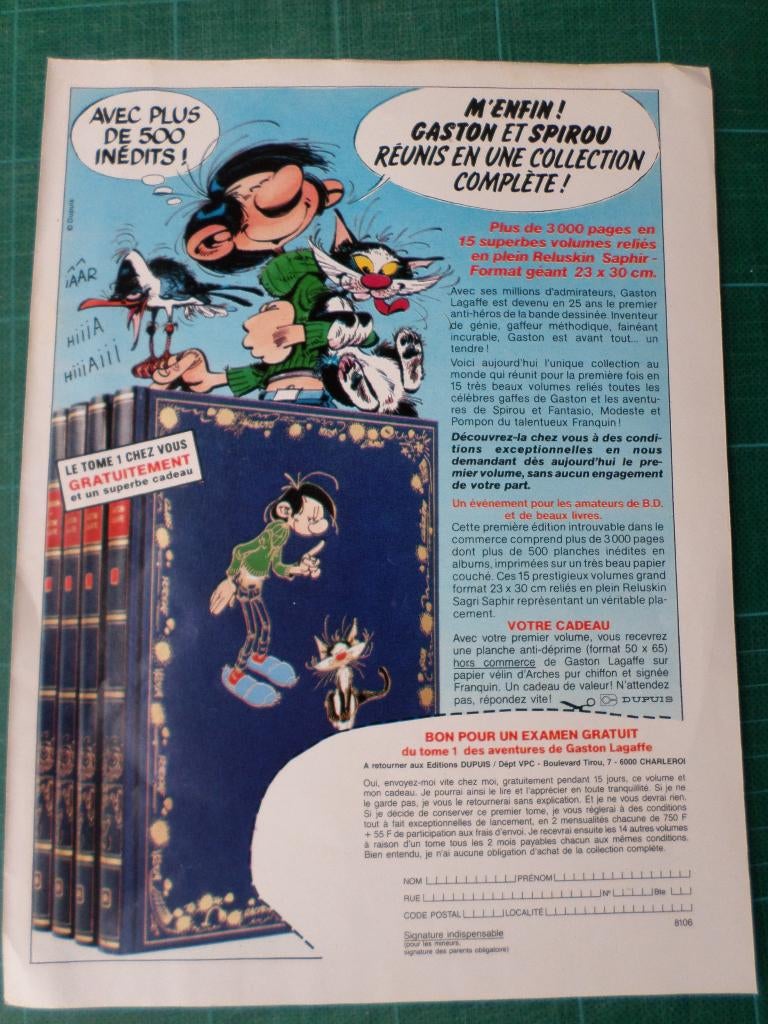 Gaston Lagaffe - publicité papier - 1987, Collections, Enlèvement ou Envoi, Gaston ou Spirou, Utilisé, Autres types