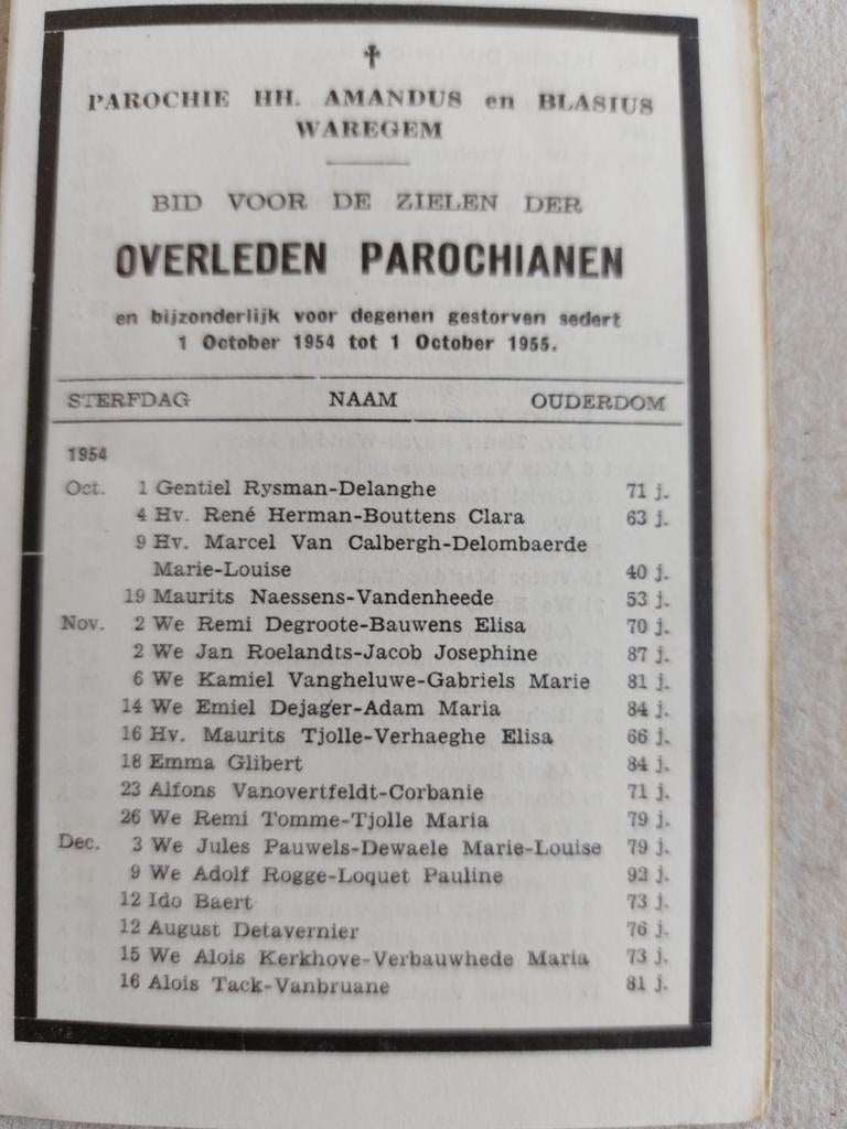 Bidprentje Waregem 1954-1955 Overleden parochianen, Verzamelen, Bidprentjes en Rouwkaarten, Ophalen of Verzenden, Bidprentje