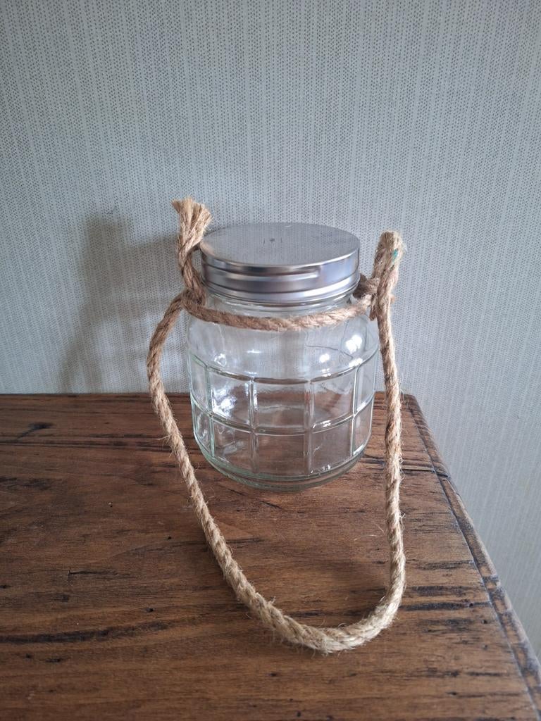 Glazen pot met deksel en ophangtouw, Huis en Inrichting, Ophalen