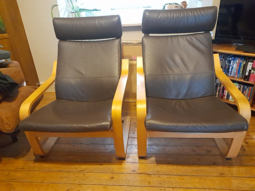 2 zetels Ikea, Poäng, lederen kussens., Huis en Inrichting, Ophalen, Gebruikt, Eenpersoons, Minder dan 150 cm