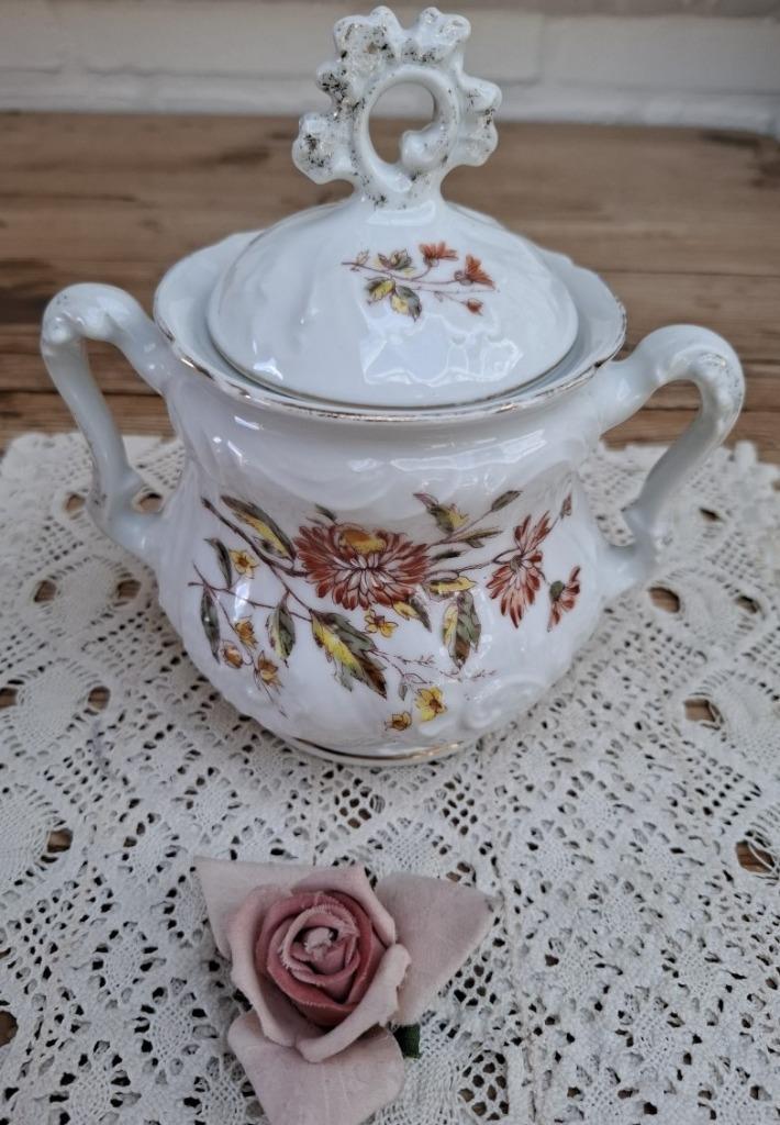 Grote oude Franse brocante suikerpot met bloemetjes, Ophalen of Verzenden