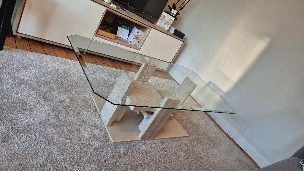 Sculpturale Travertijn Salontafel (Jaren '70/’80), Huis en Inrichting, Ophalen, Gebruikt, 100 tot 150 cm, Travertine Modernisme
