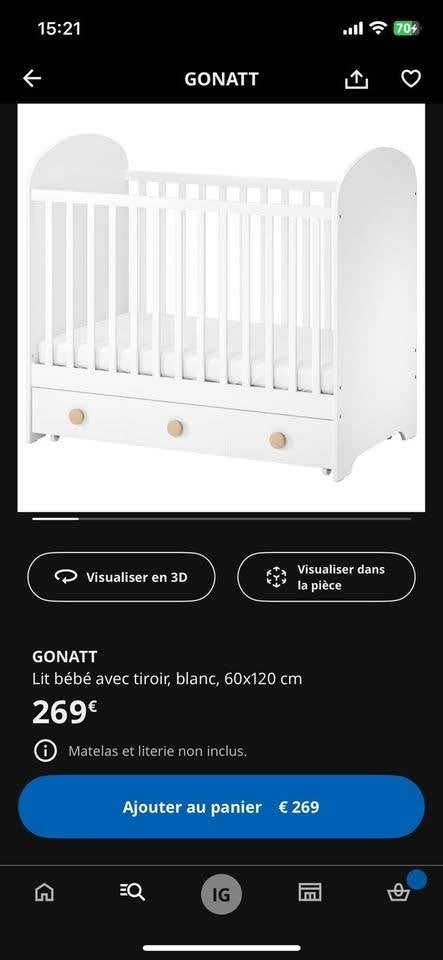 Lit bébé avec tiroir, Matelas, 70 à 85 cm, Comme neuf, Enlèvement