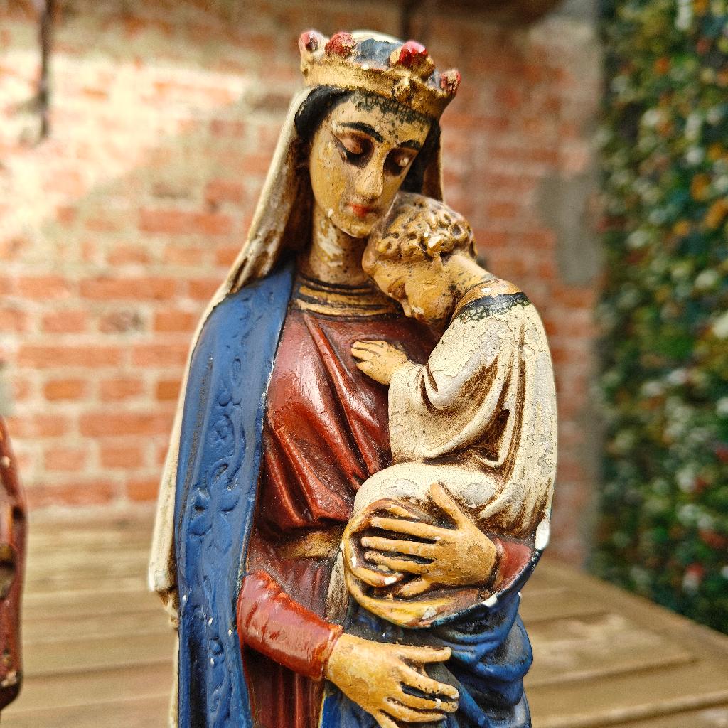 2 antieke religieuze beelden van +-30cm hoog, Ophalen, Gebruikt, Religie