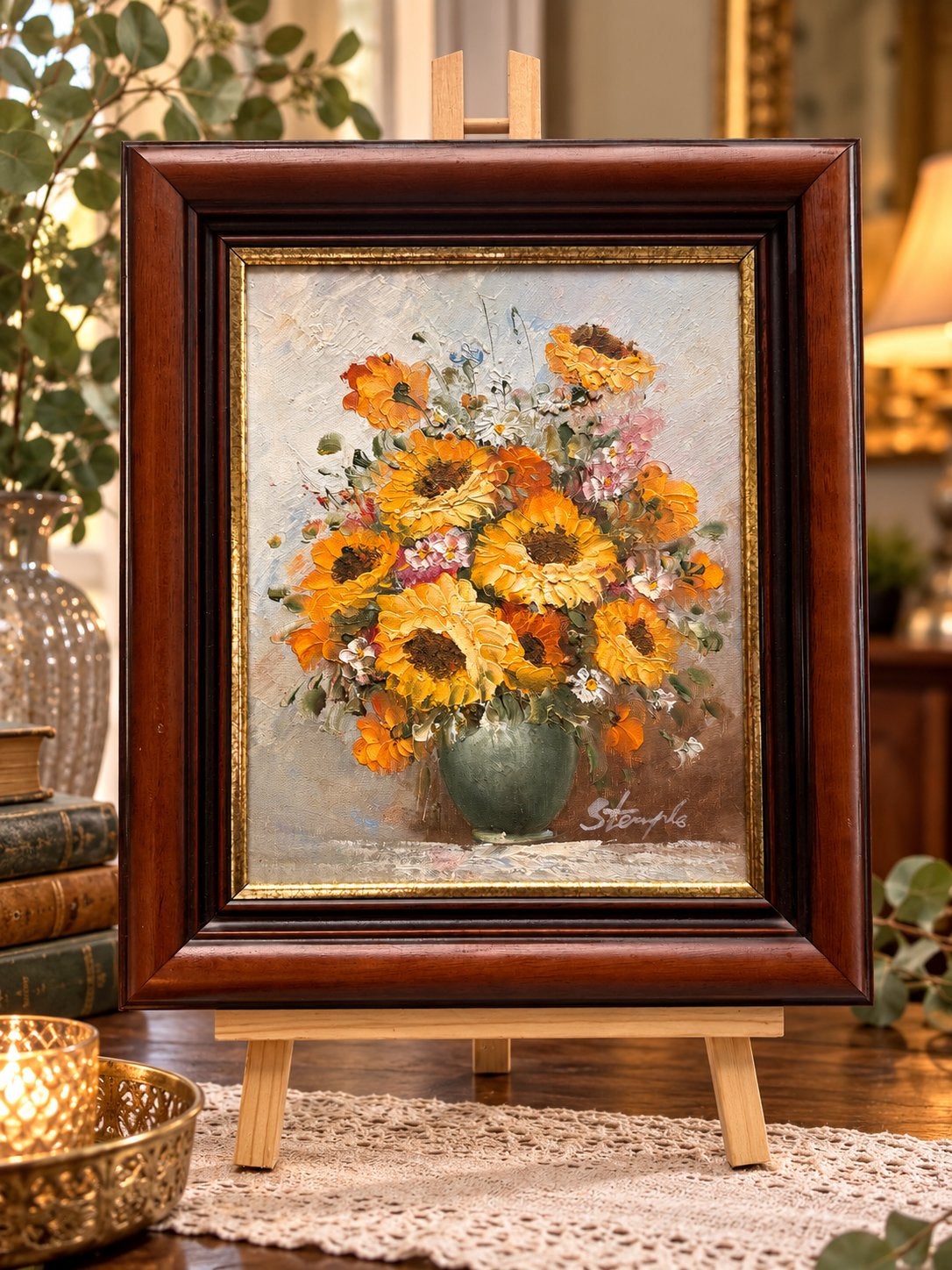 Gesigneerd olieverfschilderij Stemple – met certificaat, Antiek en Kunst, Bloemen, Doek, Ophalen of Verzenden, Gesigneerd