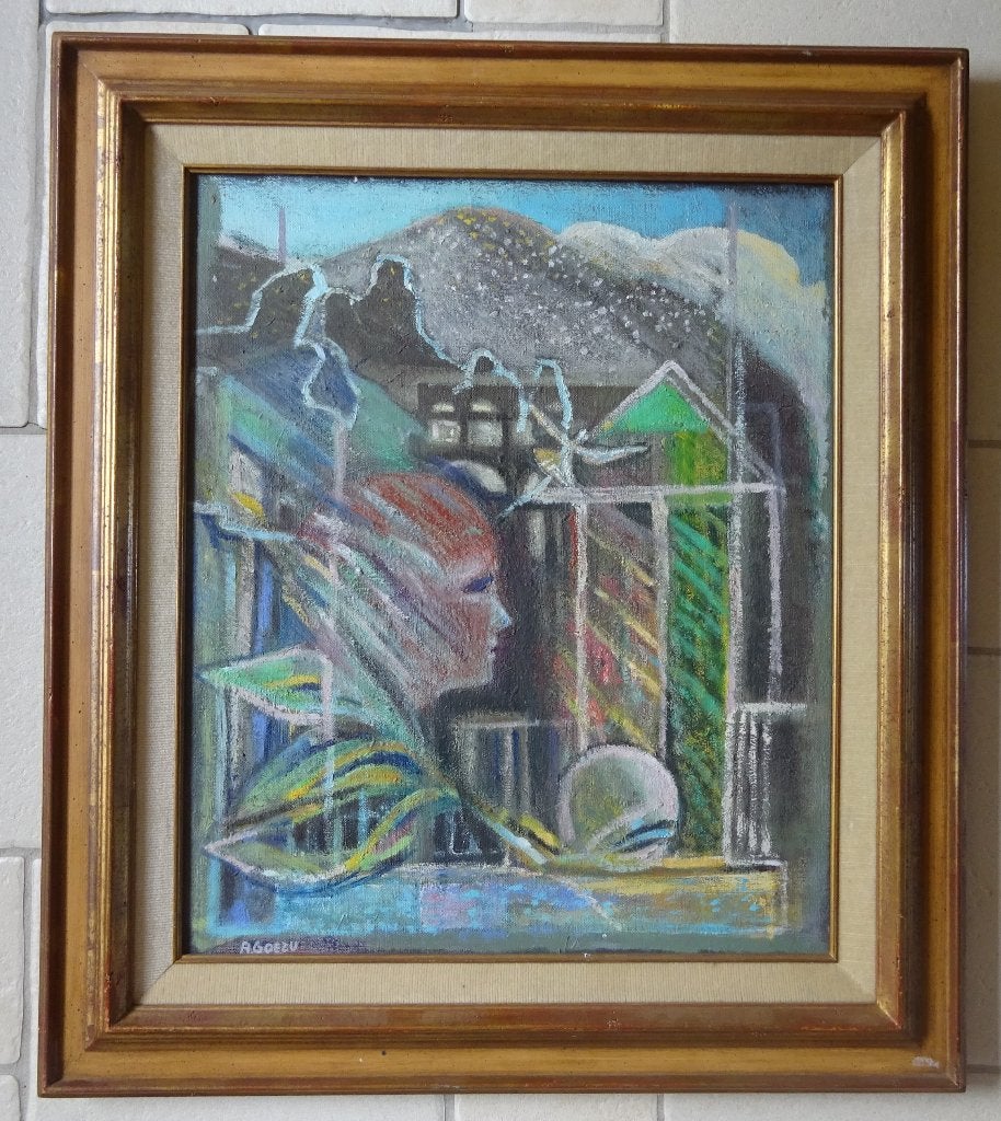 André Goezu, olie op doek, 55 x 46 cm, Le Voyage '87, Antiek en Kunst, Ophalen