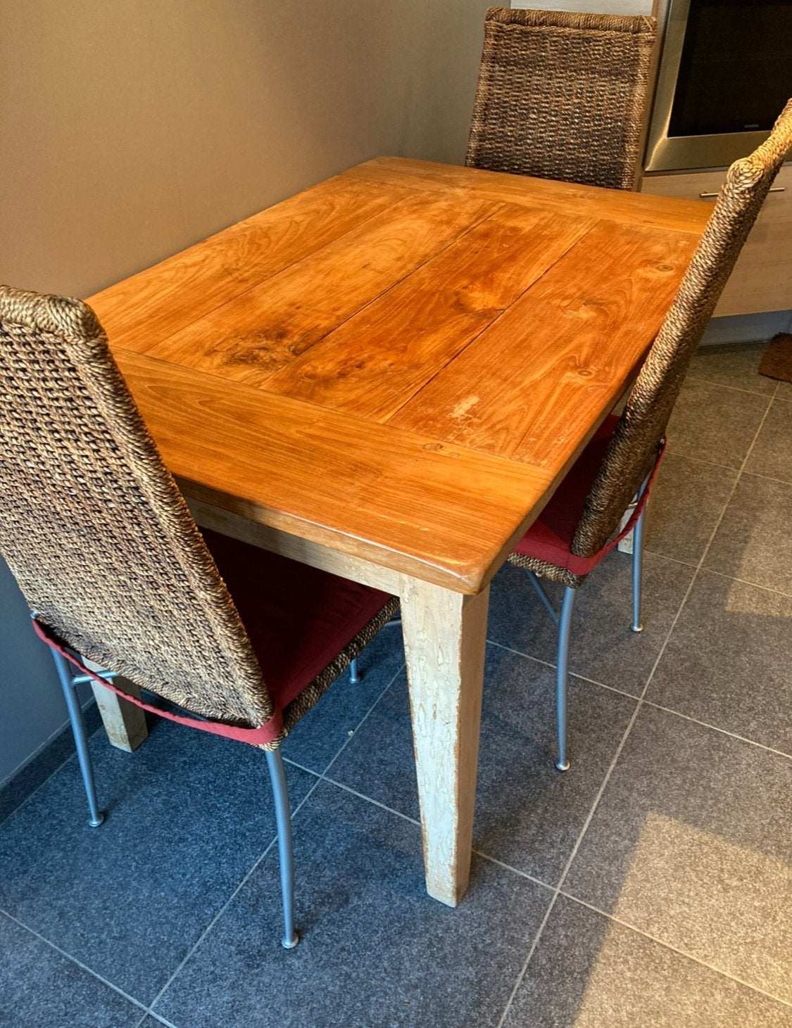 Volhouten tafel met lade, Ophalen, Gebruikt, 100 tot 150 cm, 50 tot 100 cm