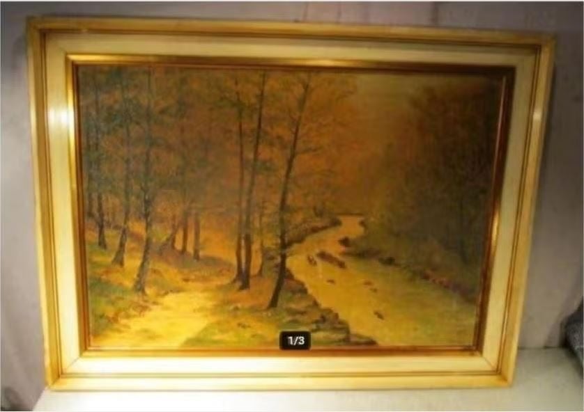 Œuvre magnifiquement peinte « Chemin le long de la rivière », Enlèvement ou Envoi, Peinture à l'huile, Panneau, Paysage