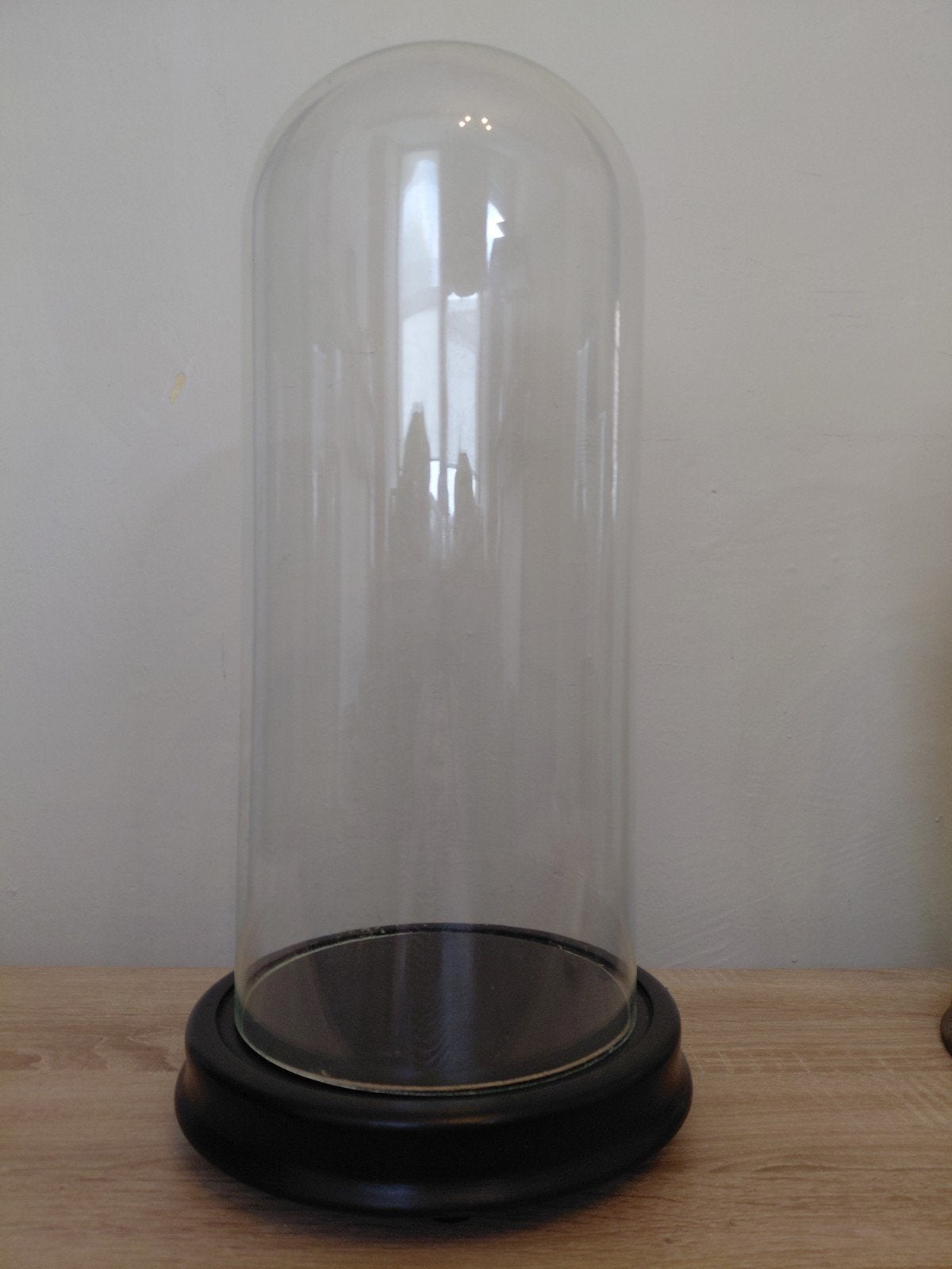 Grote glazen stolp met houten voet, Hout, Ophalen, Gebruikt