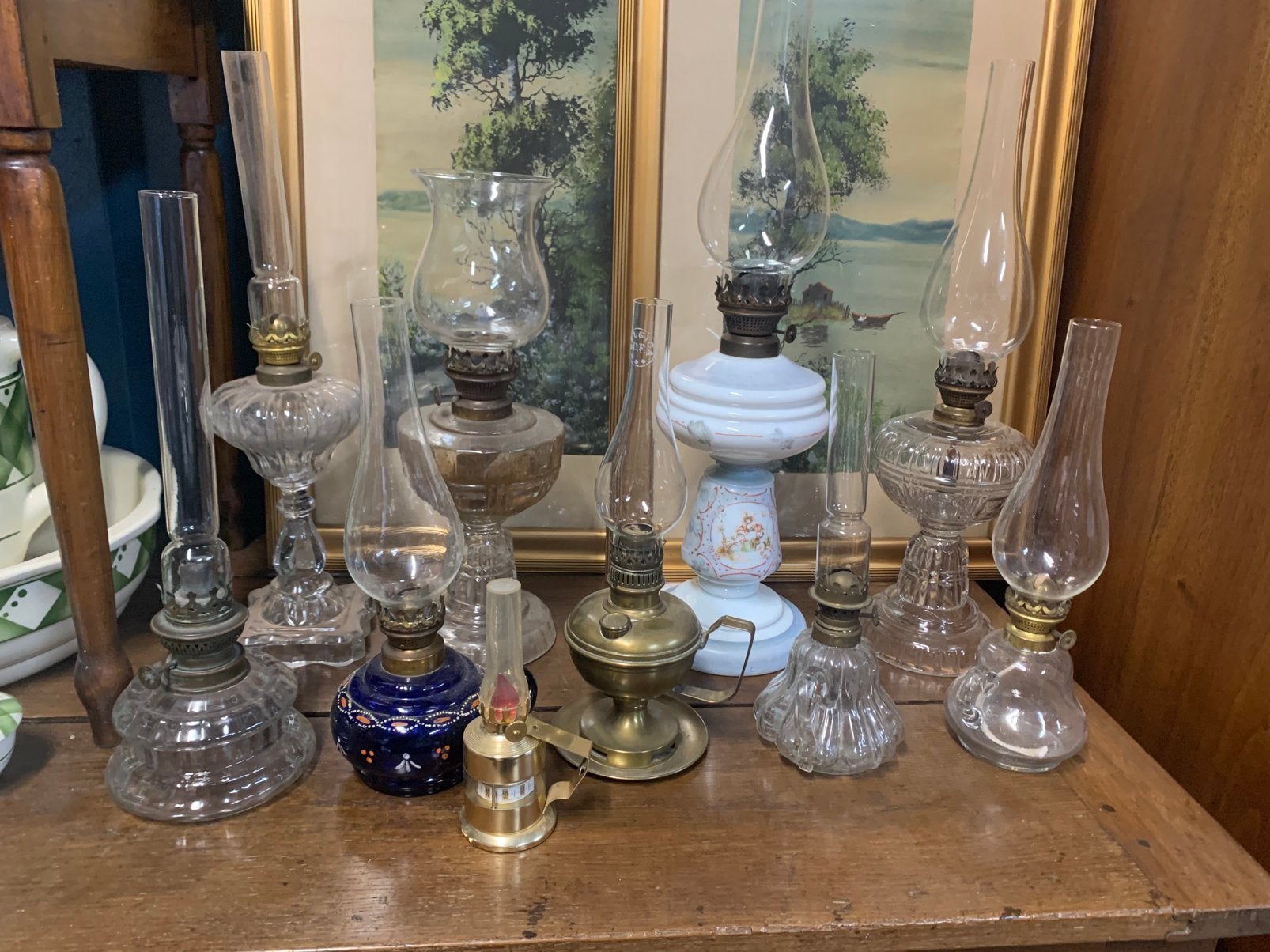 Collectie oude olielampen in glas en porselein en koper ver, Ophalen of Verzenden