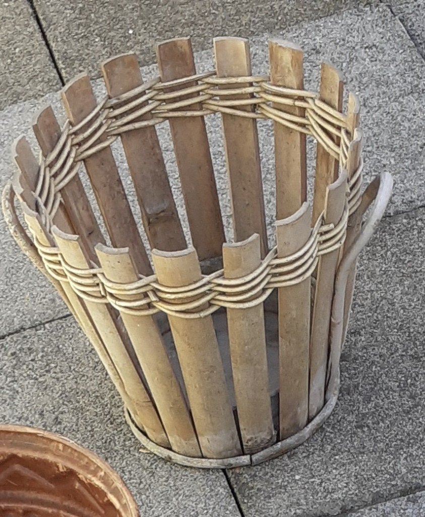 Cache pot en bambou et rotin Vintage année 1950/1960, Moins de 25 cm, Rond, Enlèvement, Utilisé