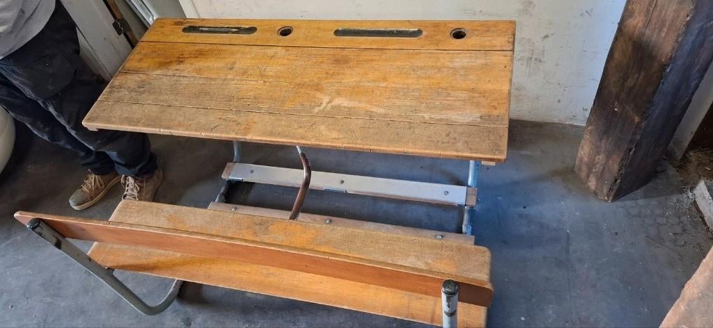 Oude duo schoolbank in zijn originele patina, Antiek en Kunst, Ophalen