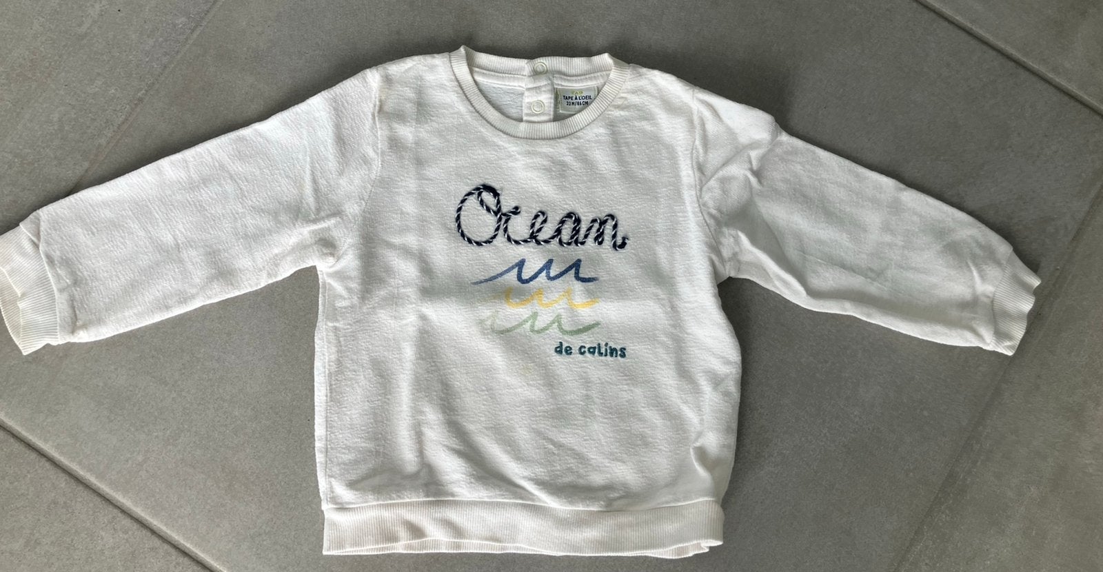 Tape à l’oeil roomwitte trui met opschrift maat 86, Kinderen en Baby's, Babykleding | Maat 86, Ophalen, Zo goed als nieuw, Jongetje of Meisje