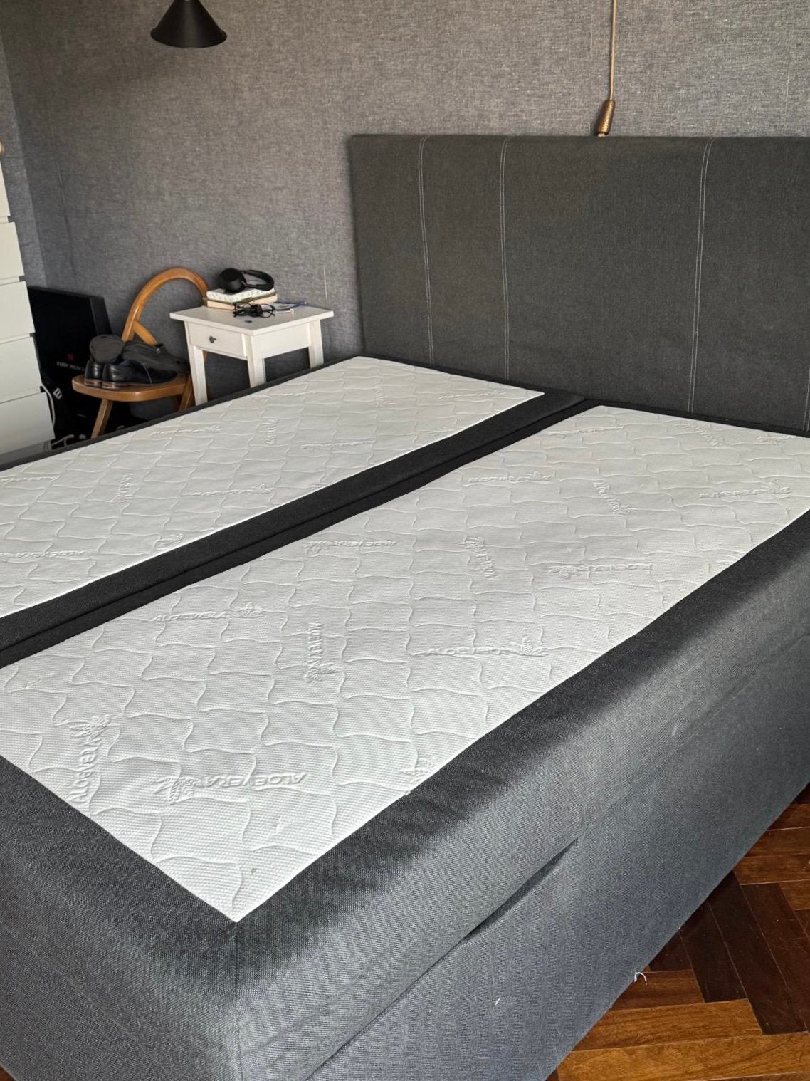 Dubbel bed met opbergruimte – donkergrijs – goede staat, Ophalen, Gebruikt, Tweepersoons, 180 cm