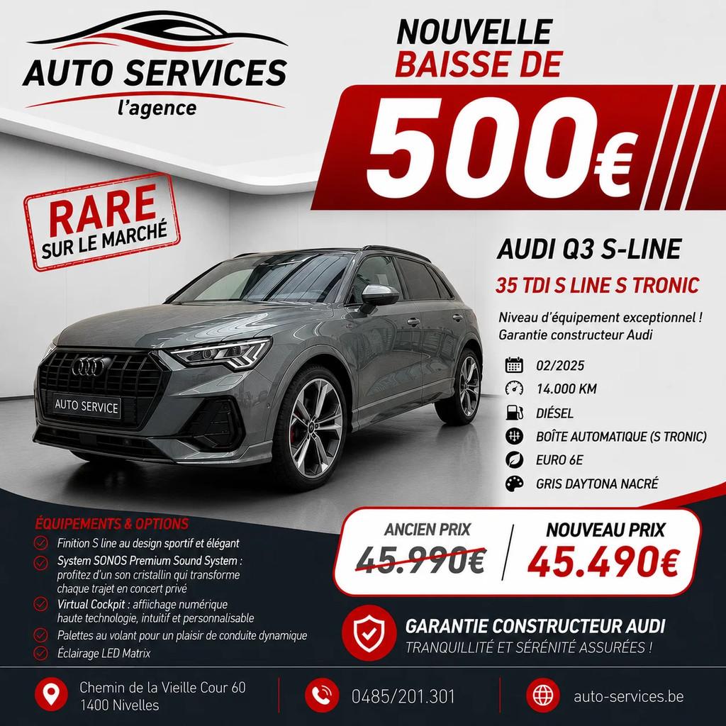 Audi Q3 35 TDi S line S tronic - FULL OPTION - garantie cons, Auto's, Audi, Bedrijf, Te koop, Q3, ABS, Achteruitrijcamera, Adaptive Cruise Control