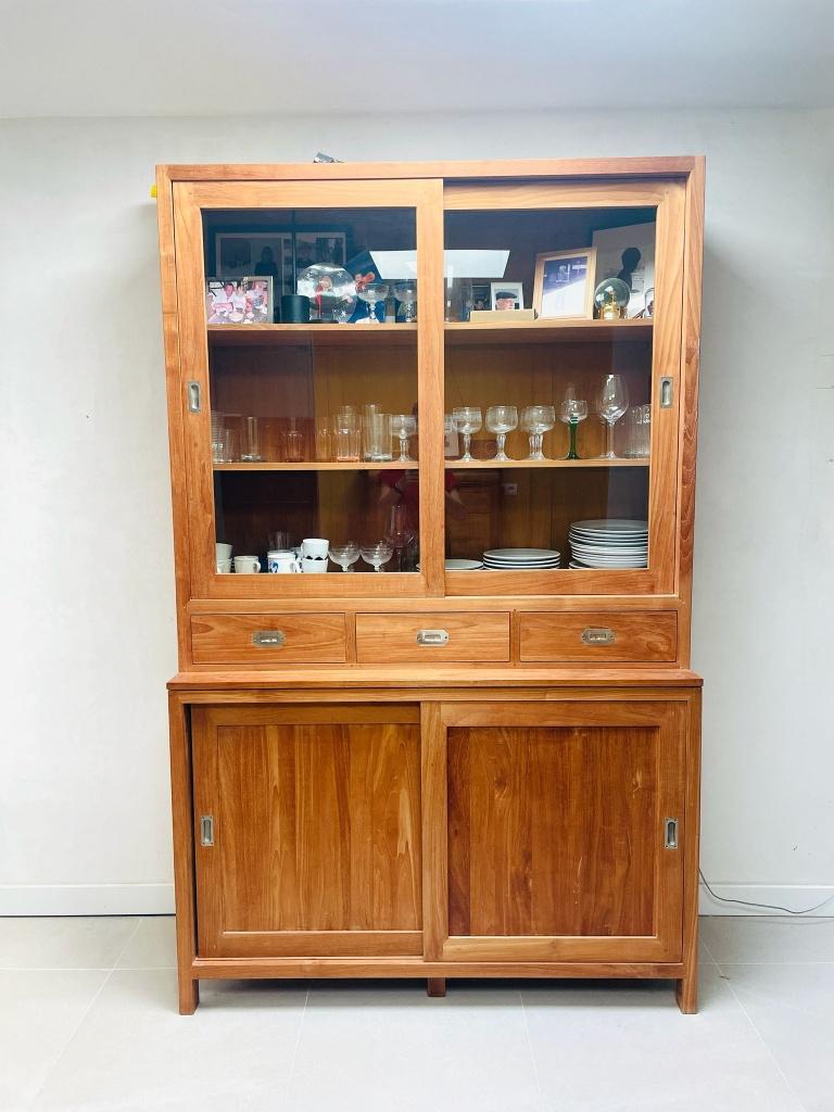 Prachtige massief teak buffetkast (2-delig, schuifdeuren), Huis en Inrichting, Kasten | Buffetkasten, Gebruikt, 200 cm of meer