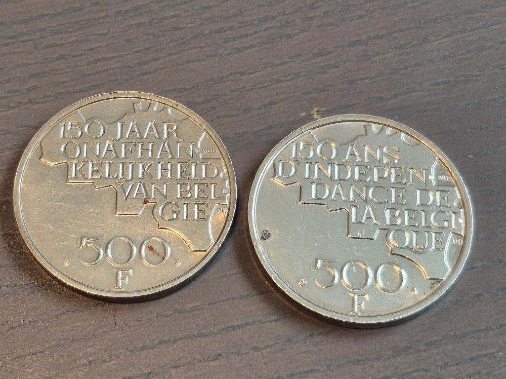 Munt (x2) 150 jaar onafhankelijkheid België 500 fr, Postzegels en Munten, Munten | België, Setje, Zilver, Ophalen of Verzenden