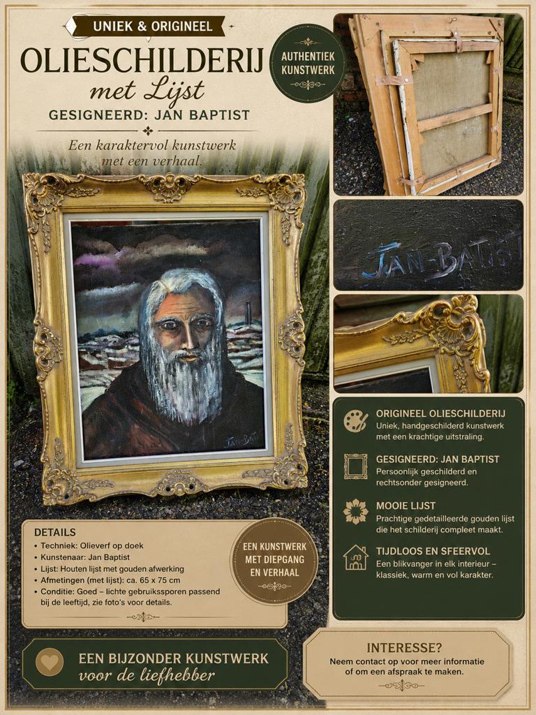 Uniek schilderij van Jan Baptist – portret in sierlijst, Antiek en Kunst, Ophalen