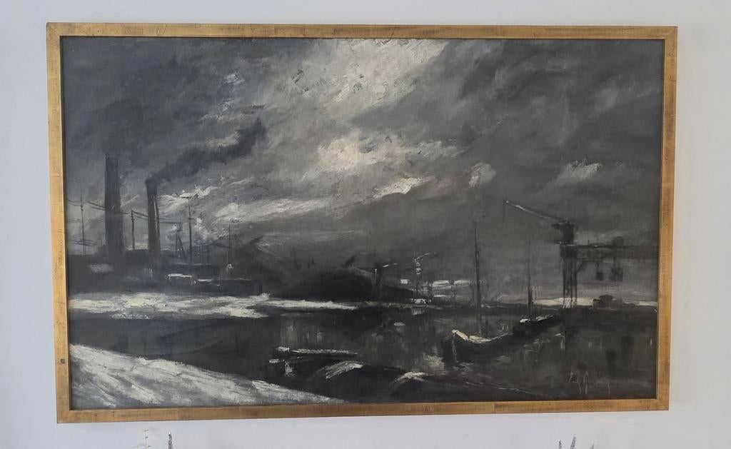 XXL-schilderij — gesigneerd Emile Lammers — industriehaven, Antiek en Kunst, Ophalen
