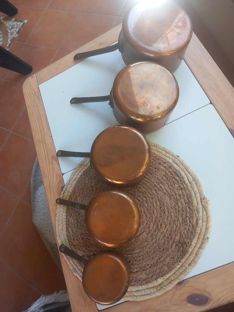 Lot de 5 casseroles anciennes en cuivre étamé vintage, Enlèvement, Cuivre