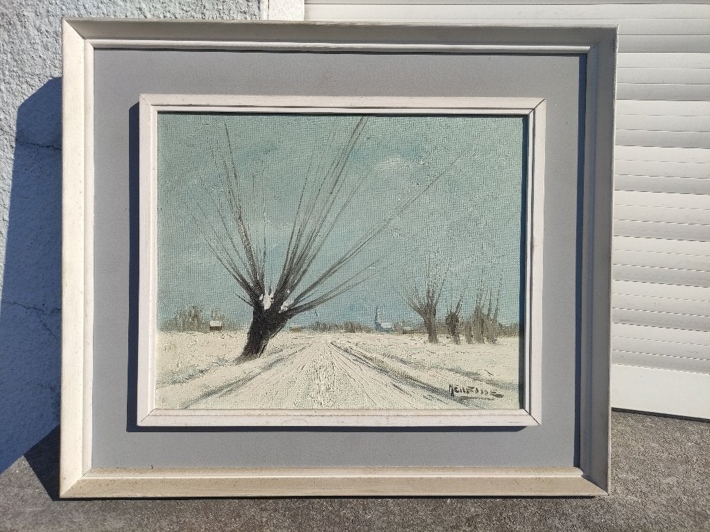 Huile sur toile paysage enneigé signe Willy meurisse, Antiek en Kunst, Ophalen of Verzenden