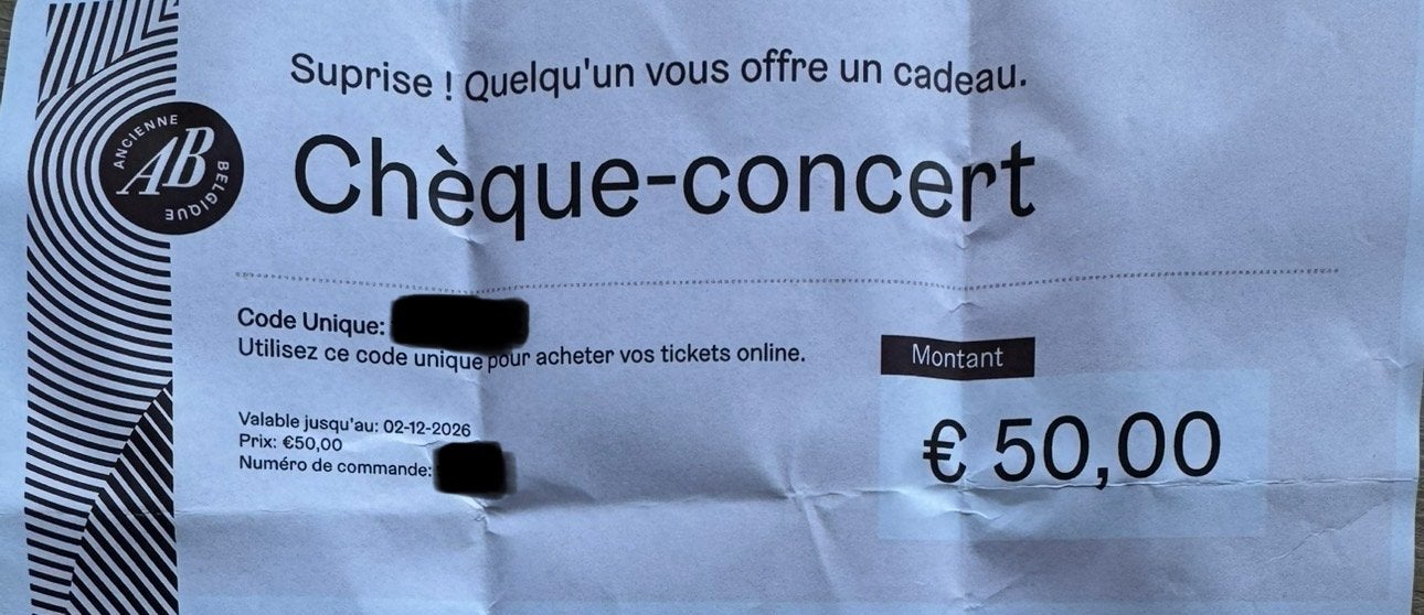 Chèque 50€ pour l’Ancienne Belgique (valable 02/12/26), Tickets & Billets