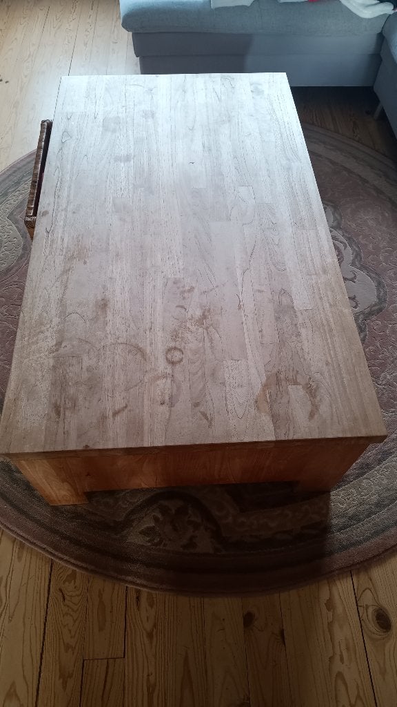 Massief teakhouten salontafel met rieten opbergmanden, Teck, 100 à 150 cm, Enlèvement, Utilisé