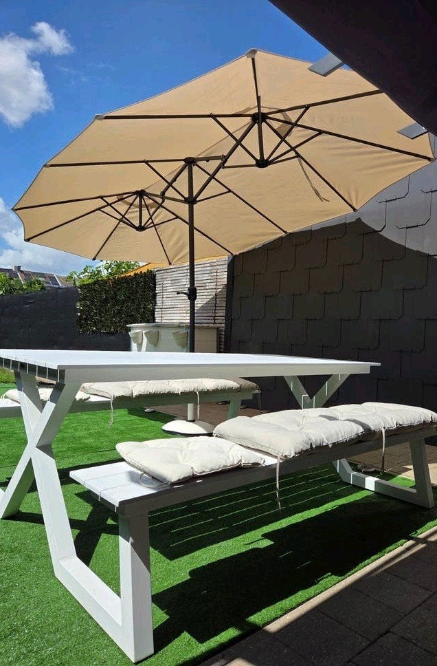 Picknicktafel met parasol en zowel de parasolvoet, Tuin en Terras, Ophalen, Aluminium