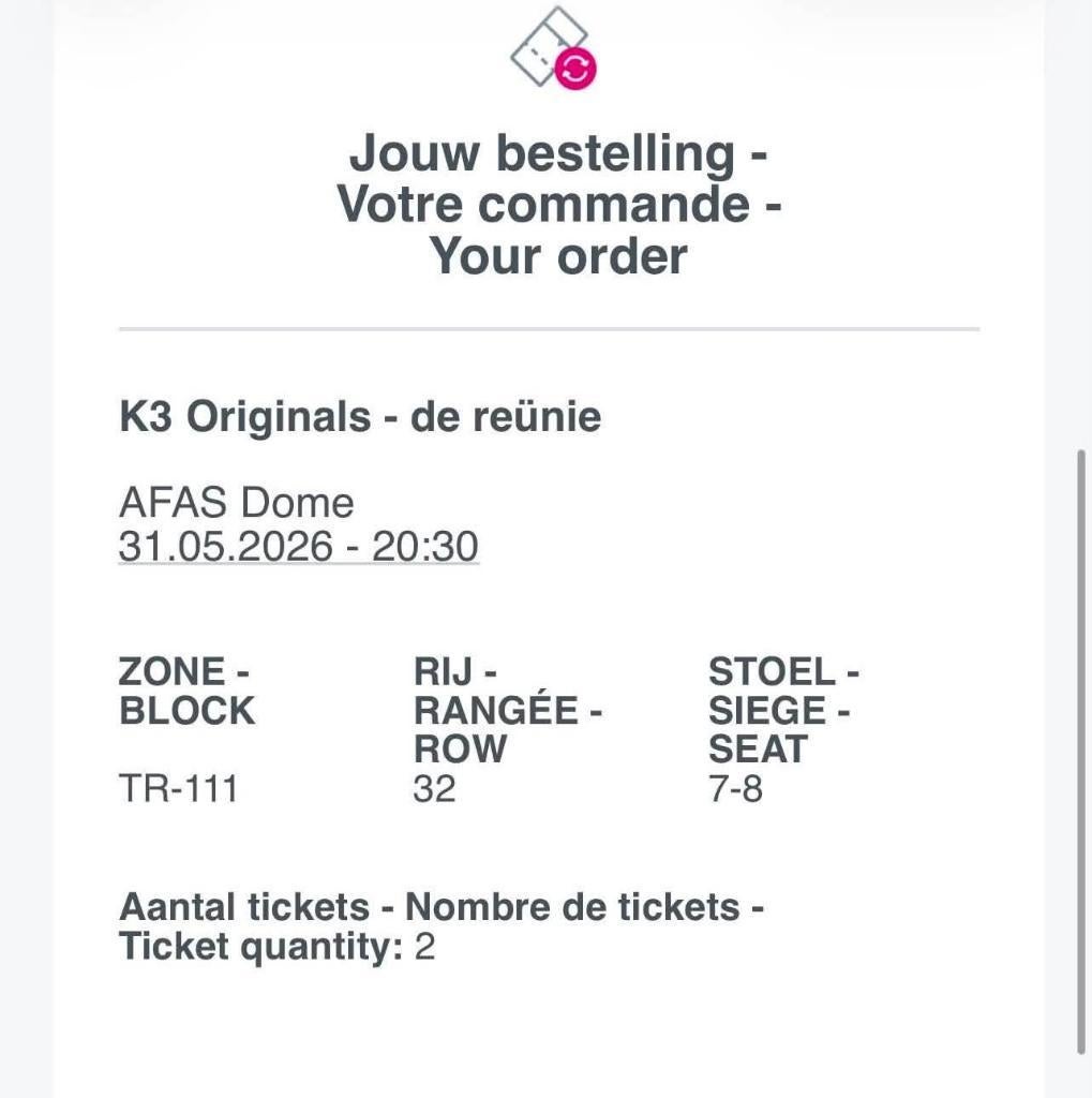 2 tickets te koop k3 originels, Tickets en Kaartjes, Twee personen